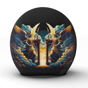 Der kunstvolle "Karangasem" Helm - seine Engelswächter symbolisieren eine himmlische Reise und zeitlose Wachsamkeit auf jedem Weg - Jetzt bestellen!