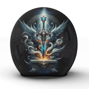 Der "Elysium" Helm zeigt ein strahlendes Schwert auf einem Altar  ein starkes Symbol für Motorradfahrer - Jetzt bestellen!