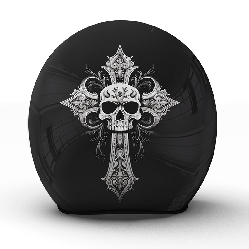 Der "Faith" Motorradhelm vereint meisterhafte Handarbeit mit einem markanten Kreuz- und Totenkopfdesign - Jetzt bestellen!